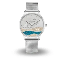 DUR Uhr 40er "Göhren" Strandsand/blauer Steinsand, Mesh Band Edelstahl