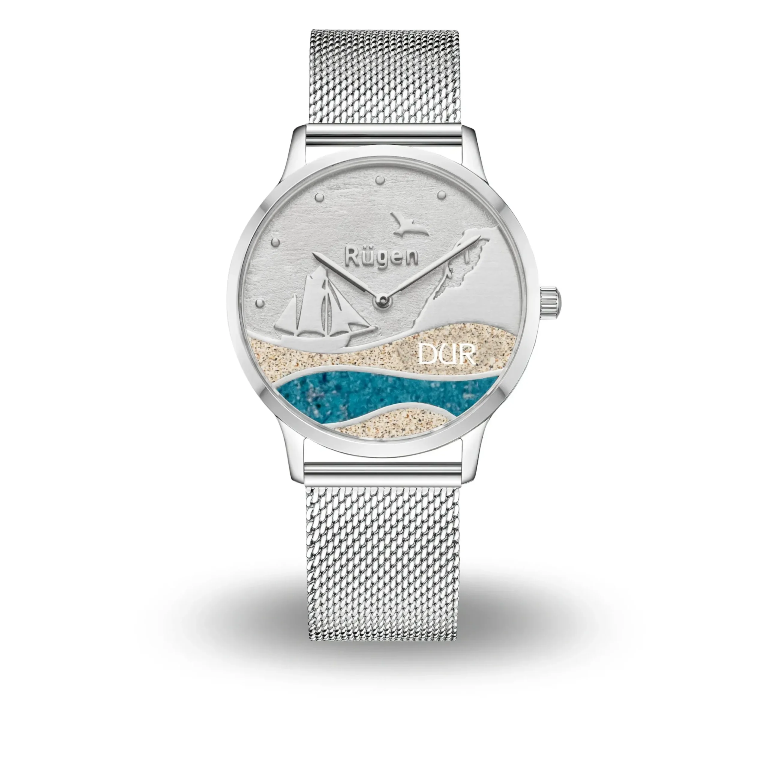 DUR Uhr 40er "Göhren" Strandsand/blauer Steinsand, Mesh Band Edelstahl