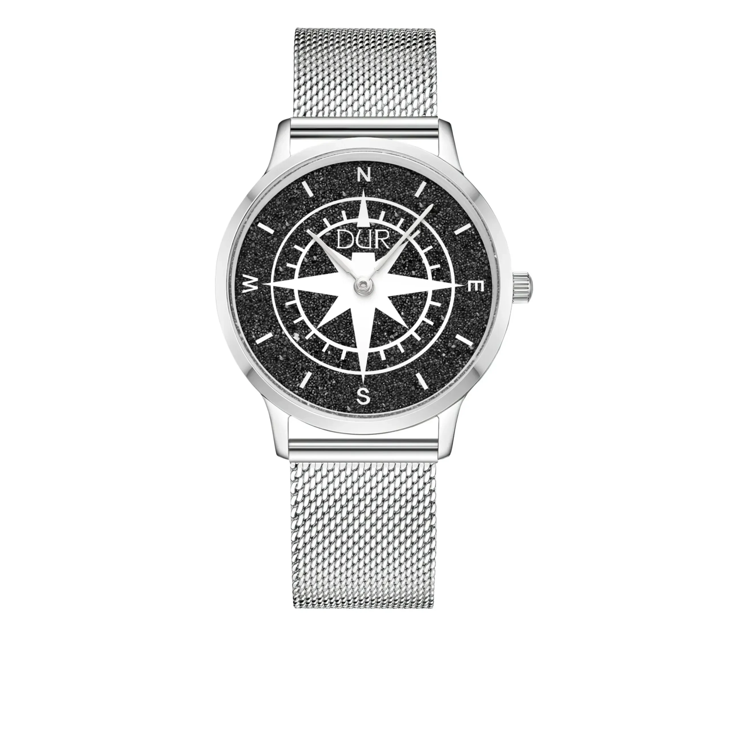 DUR Uhr 36er "Kompass" Lavasand, matt, Mesh Band Edelstahl