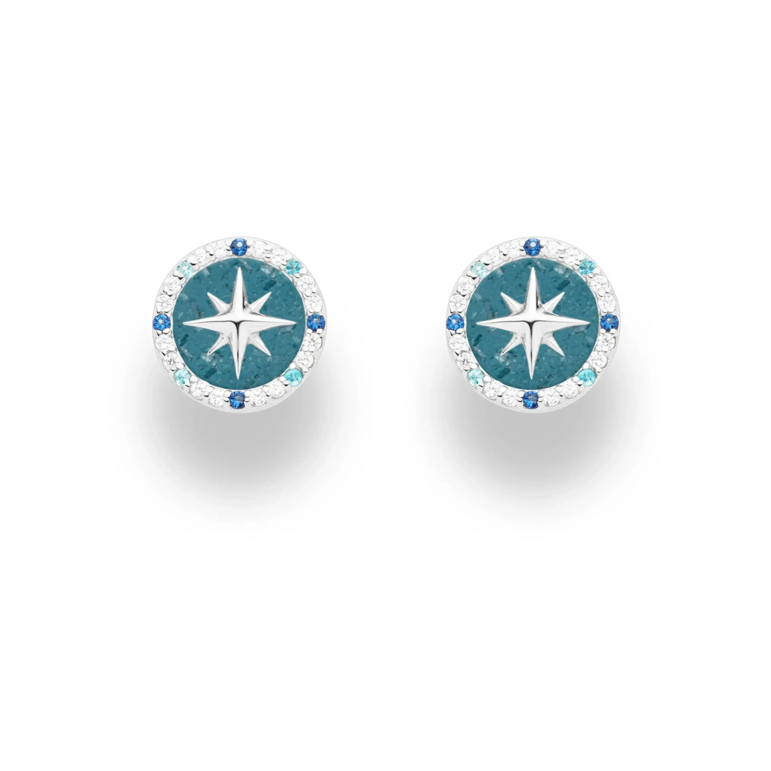 Ohrring "Kompassrose 2.0" 10 mm Zirkonia und blauer Steinsand