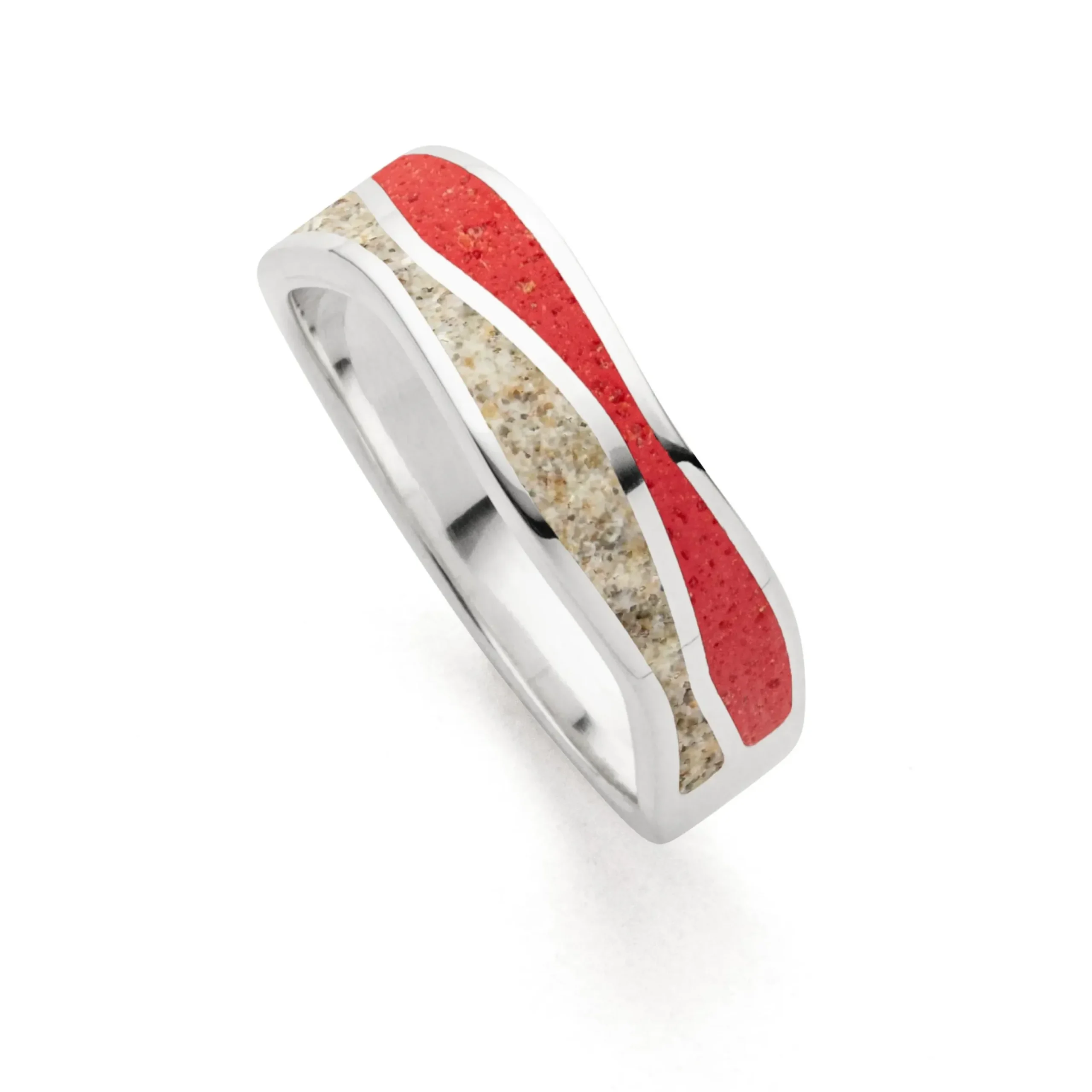 Ring "Welle" Strandsand/Mosaikkoralle, rhodiniert